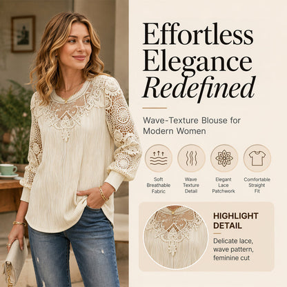 Feminin spets-patchwork topp med rak fåll – enkel att matcha med jeans eller kjol