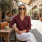 Kvinnors ledig långärmad V-ringad toppa i våffelstickning