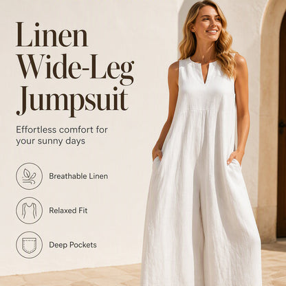🔥 50 % RABATT! 🌸 Damoverall utan ärmar med V-ringning, vida ben och fickor