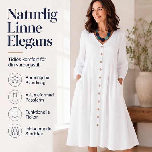 Bästsäljare🔥 👗 V-ringad A-linjeklänning med fickor – naturlig bomull-linne för maximal andningsförmåga