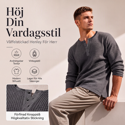 Långärmad Henley-tröja i våffelstickning för män