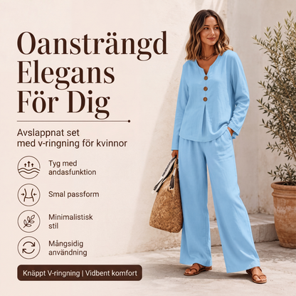 Set med långärmad topp med V-ringning och vida byxor för kvinnor
