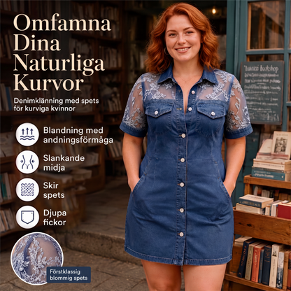 Damens mode: Genomskinlig spets-denim-miniklänning