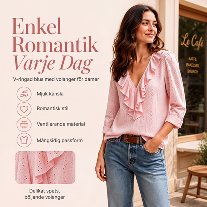 Elegant V-ringad blus med volanger för kvinnor