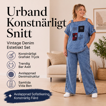 Damtopp med axelbandslös design och vida byxor
