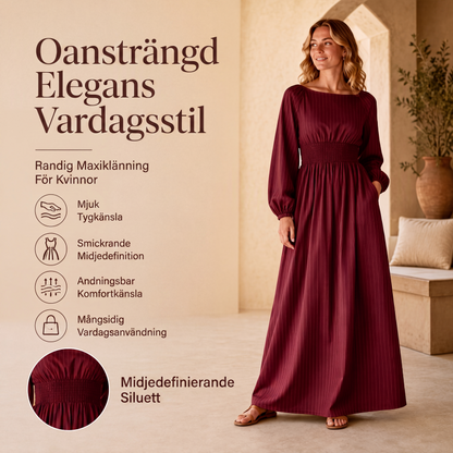 Långärmad maxiklänning med ränder och elastisk midja för kvinnor