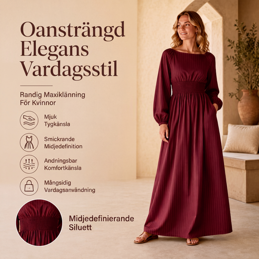 Långärmad maxiklänning med ränder och elastisk midja för kvinnor