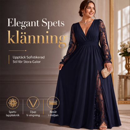 Elegant långklänning i spetsapplikation med V-ringning för kvinnor
