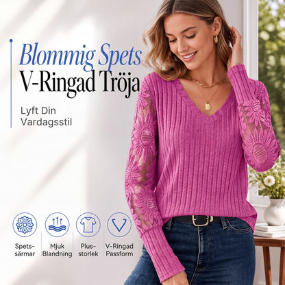 Damtopp med borstad ribbstickning, långa ärmar och spetsapplikationer