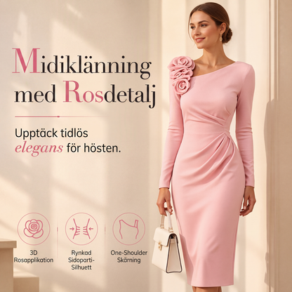 Midiklänning för kvinnor med rysch och 3D-rosettdetaljer
