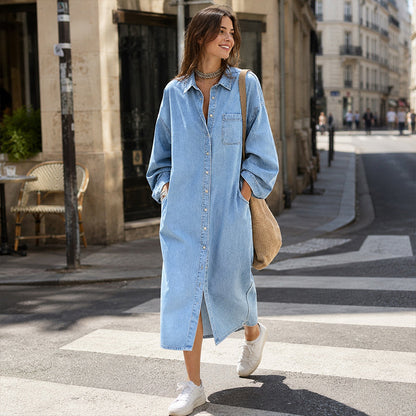 🍂Nya höstnyheter|Elegant Denimskjortklänning för Dam – Bekväm Oversized Passform med Tidlös Stil