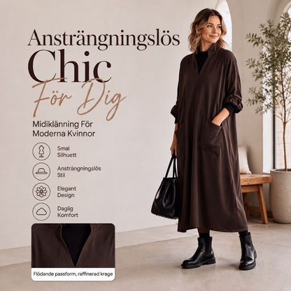⏳ Het erbjudande! |Draperad Midiklänning för Dam med Fickor – Elegant Lös Passform för Vardag & Höst