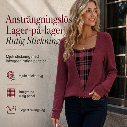 Damig stickad tröja med rutigt mönster för lager-på-lager-look