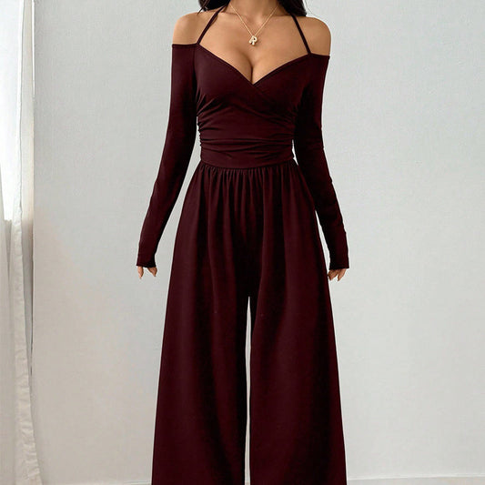 Elegant djup V-ringad jumpsuit med halterneck för kvinnor