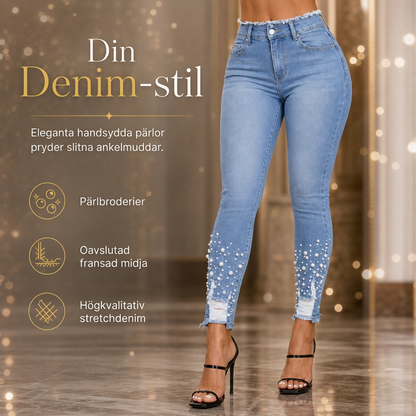 Ljusblå smala skinnyjeans för kvinnor med pärlbesättning, oförarbetad och nöjad midje samt slitage och riffiga fotutsvängar