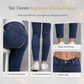 Ljusblå smala skinnyjeans för kvinnor med pärlbesättning, oförarbetad och nöjad midje samt slitage och riffiga fotutsvängar