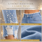 Ljusblå smala skinnyjeans för kvinnor med pärlbesättning, oförarbetad och nöjad midje samt slitage och riffiga fotutsvängar