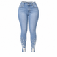 Ljusblå smala skinnyjeans för kvinnor med pärlbesättning, oförarbetad och nöjad midje samt slitage och riffiga fotutsvängar