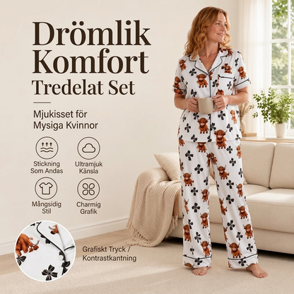 🐮 Dam pyjamas set i 3 delar med höglandsko tryck – mjuk, bekväm, söt design, perfekt för hemmakvällar, nu till halva priset! ✨