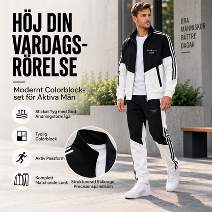 🧥 Färgblockerad dragkedjajacka och byxset för herr med dragsko – bekväm, stilren, mångsidig, perfekt för träning och vardag. ✨