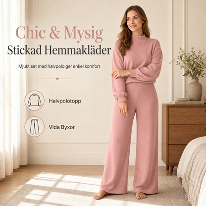 💫 Dam avslappnad tvådelad stickad loungeset med högkrage långärmad tröja och högmidje bredbyxor