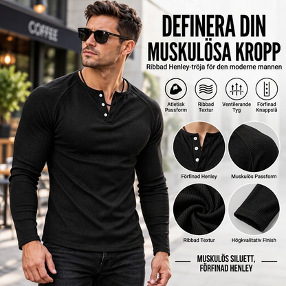 Casual, smal ribbstickad Henley-t-shirt för män