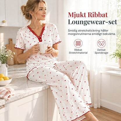 Damset i tryckt pyjamas, kortärmad topp och långbyxor, bekväm och stretchig loungedräkt