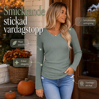 ✨ Elegant damtröja i stickat med V-ringning: långa ärmar, strukturerad stickning och bekväm att ha på sig 🧶